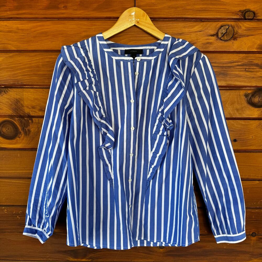 J. CREW | Striped Ruffle Poplin Button Down Shirt Top Size 4